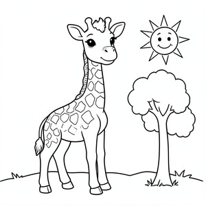 Baby Giraffe in the Safari – A tall baby giraffe with large eyes standing beside a tiny tree and a smiling sun. Easy spots and simple shapes for coloring.