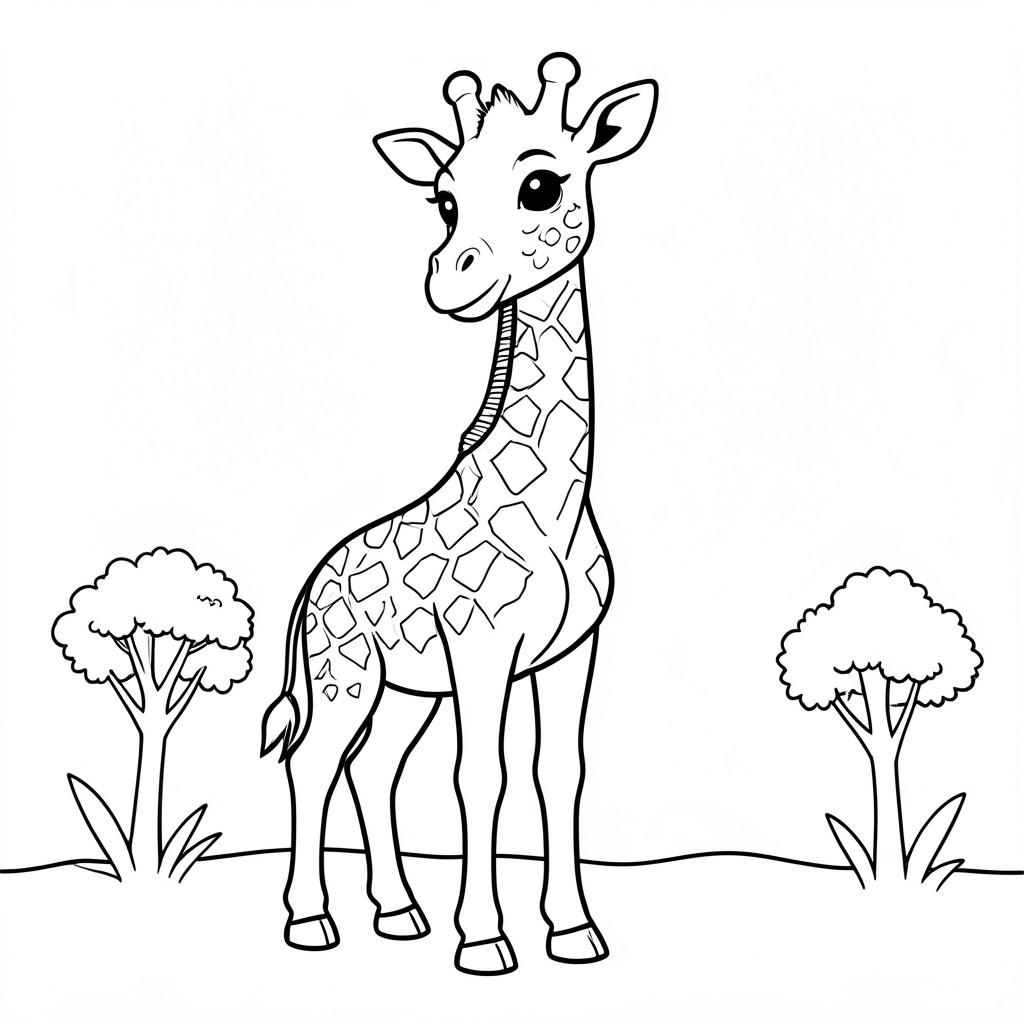 Baby Giraffe in the Safari – A tall baby giraffe with large eyes standing beside tiny trees. Easy spots and simple shapes for coloring.