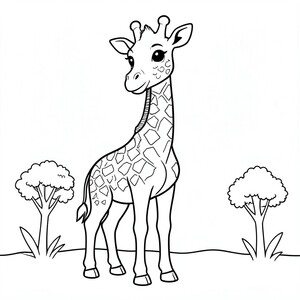 Baby Giraffe in the Safari – A tall baby giraffe with large eyes standing beside tiny trees. Easy spots and simple shapes for coloring.