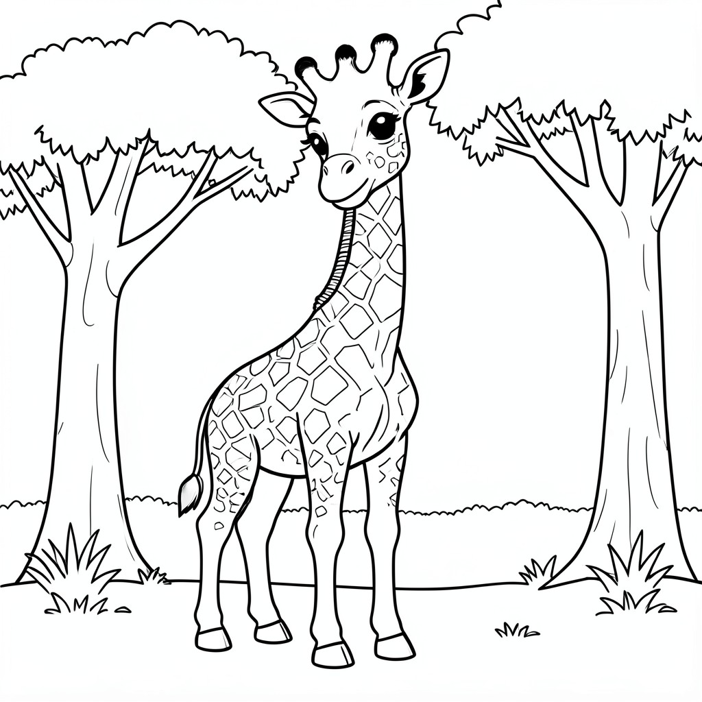 Baby Giraffe in the Safari – A tall baby giraffe with large eyes standing beside trees. Easy spots and simple shapes for coloring.