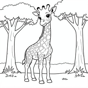 Baby Giraffe in the Safari – A tall baby giraffe with large eyes standing beside trees. Easy spots and simple shapes for coloring.