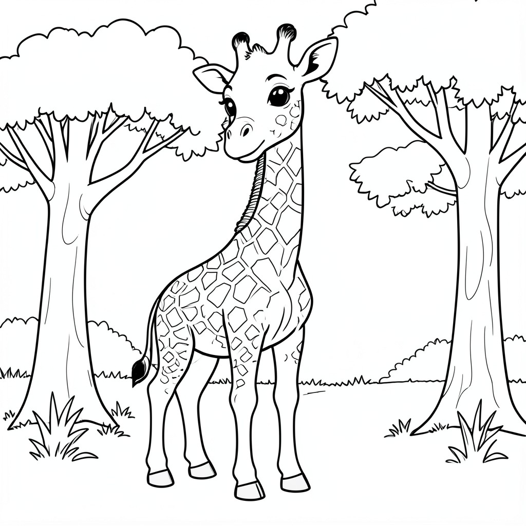 Baby Giraffe in the Safari – A tall baby giraffe with large eyes standing beside many trees. Easy spots and simple shapes for coloring.