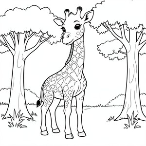 Baby Giraffe in the Safari – A tall baby giraffe with large eyes standing beside many trees. Easy spots and simple shapes for coloring.