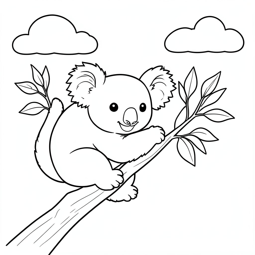 Sleepy Koala on a Branch – A cuddly koala hugging a tree branch with simple eucalyptus leaves and clouds in the sky. Easy line art for young children.