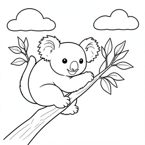 Sleepy Koala on a Branch – A cuddly koala hugging a tree branch with simple eucalyptus leaves and clouds in the sky. Easy line art for young children.