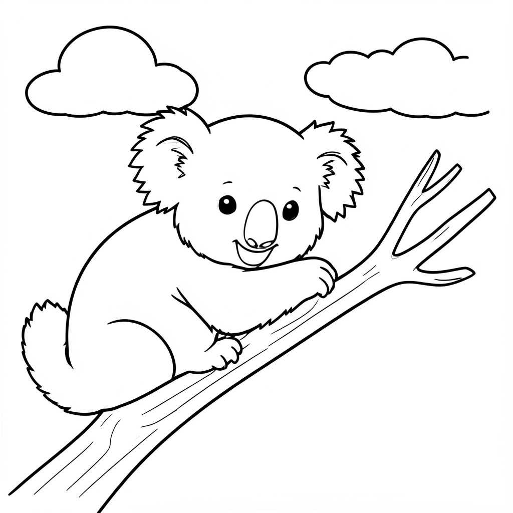 Sleepy Koala on a Branch – A cuddly koala hugging a tree branch with and clouds in the sky. Easy line art for young children.