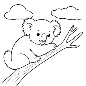 Sleepy Koala on a Branch – A cuddly koala hugging a tree branch with and clouds in the sky. Easy line art for young children.