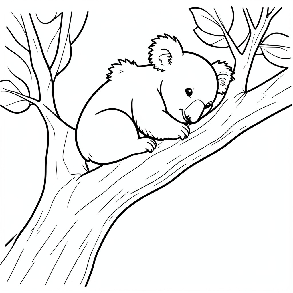 Sleeping Koala on a Branch – A cuddly koala sleeping on a massive tree branch . Easy line art for young children.

