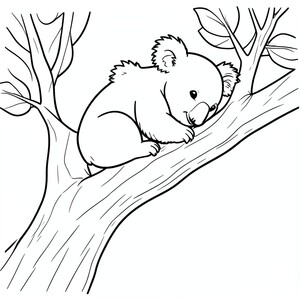 Sleeping Koala on a Branch – A cuddly koala sleeping on a massive tree branch . Easy line art for young children.
