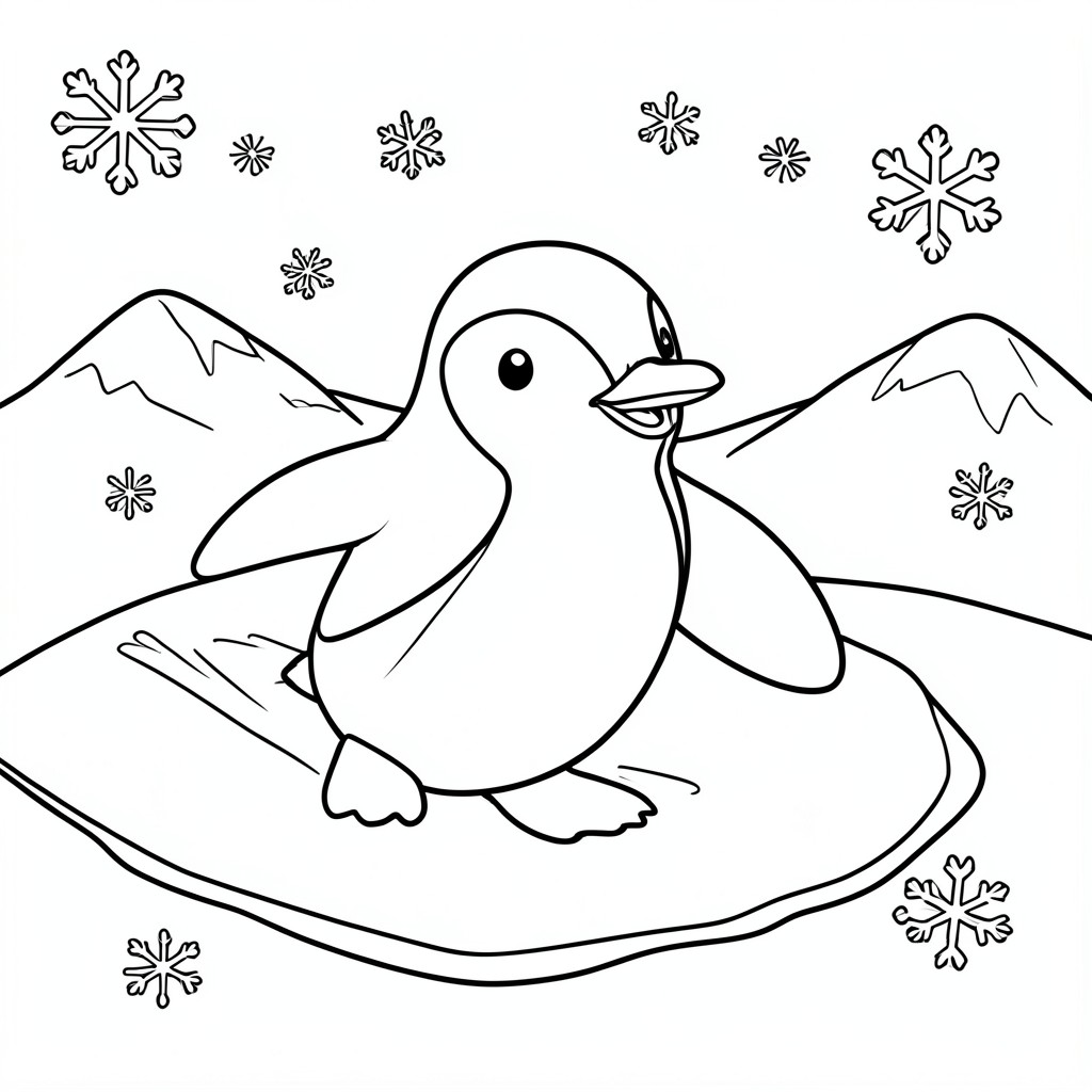 Penguin Sliding on Ice – A happy penguin sliding on ice with snowflakes and small icy hills in the background. Simple shapes and clean lines.
