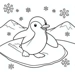 Penguin Sliding on Ice – A happy penguin sliding on ice with snowflakes and small icy hills in the background. Simple shapes and clean lines.
