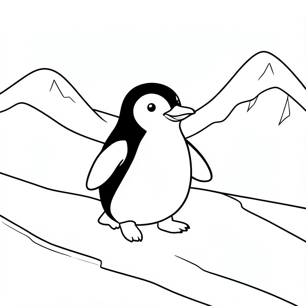 Penguin Sliding on Ice – A happy penguin walking on ice with icy hills in the background. Simple shapes and clean lines.
