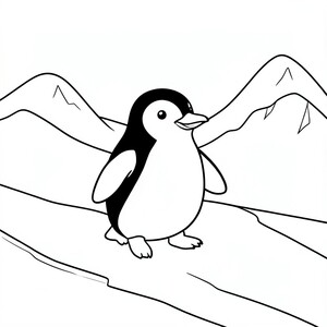 Penguin Sliding on Ice – A happy penguin walking on ice with icy hills in the background. Simple shapes and clean lines.