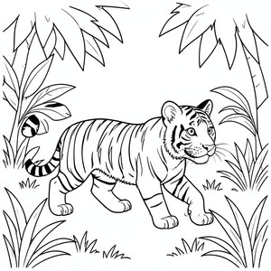 Tiger Cub Walking in the Jungle – A cute tiger cub with simple stripes walking through grass with a few jungle plants nearby. Large open spaces for coloring.
