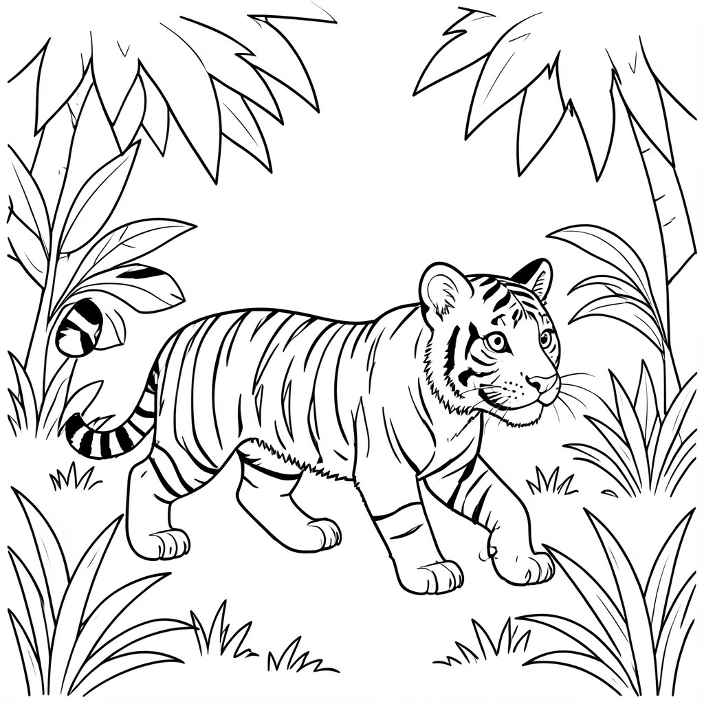 Tiger Cub Walking in the Jungle – A cute tiger cub with simple stripes walking through grass with a few jungle plants nearby. Large open spaces for coloring.
