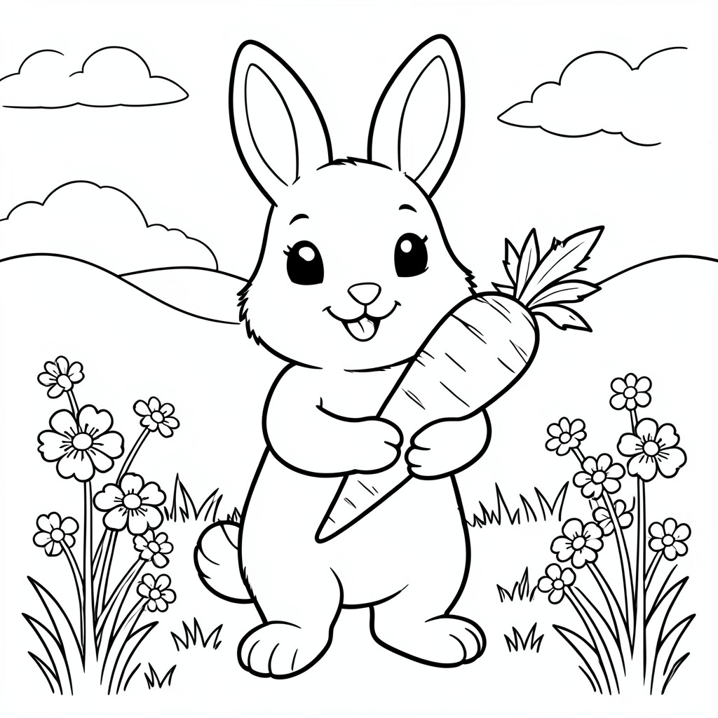 Bunny Holding a Carrot – A smiling rabbit standing upright holding a giant carrot with flowers and grass around. Very simple countryside background.
