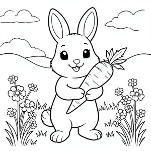 Bunny Holding a Carrot – A smiling rabbit standing upright holding a giant carrot with flowers and grass around. Very simple countryside background.

