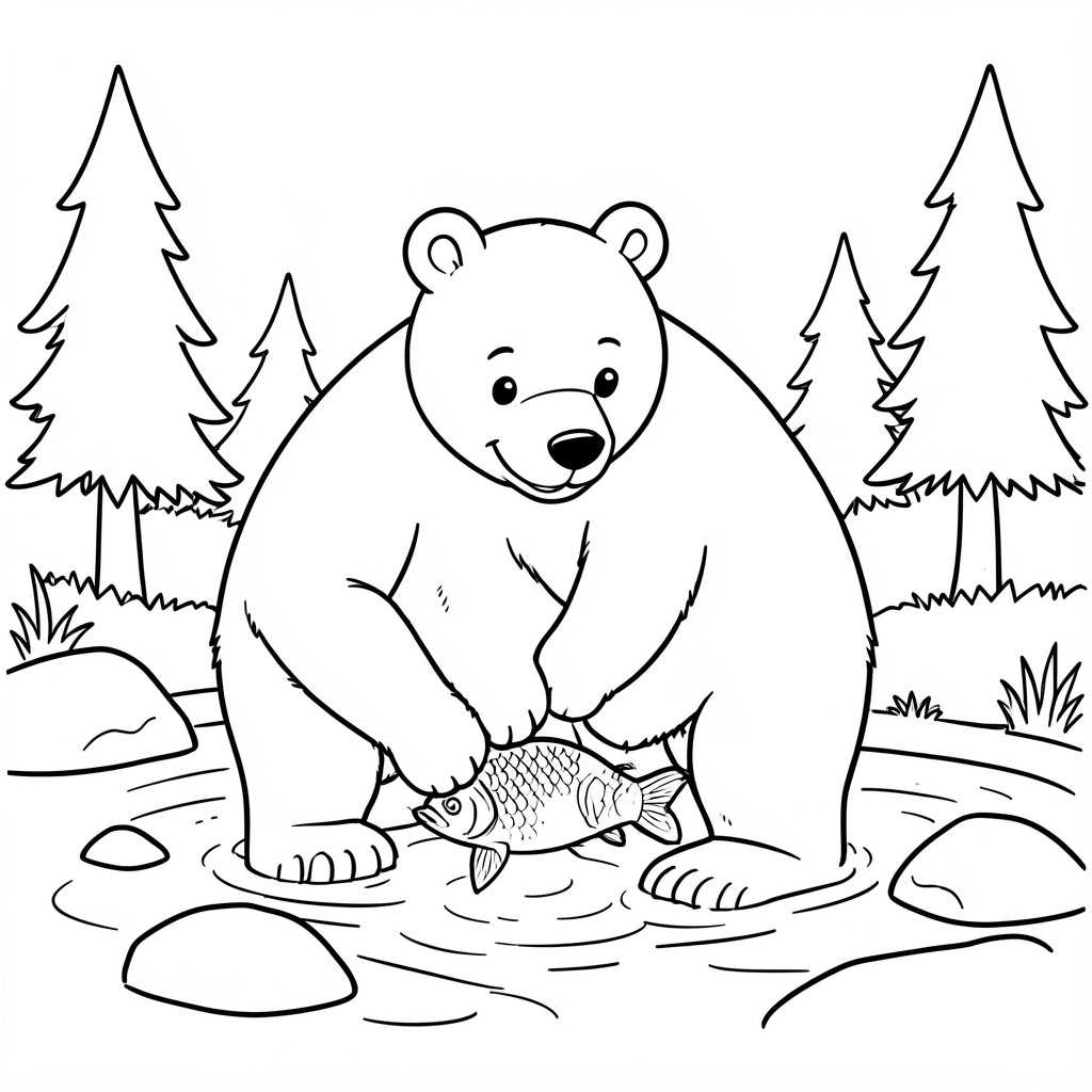 Bear Catching Fish – A friendly brown bear standing in a shallow stream catching a fish, with a few rocks and pine trees nearby. Easy outdoor scene.