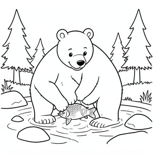 Bear Catching Fish – A friendly brown bear standing in a shallow stream catching a fish, with a few rocks and pine trees nearby. Easy outdoor scene.