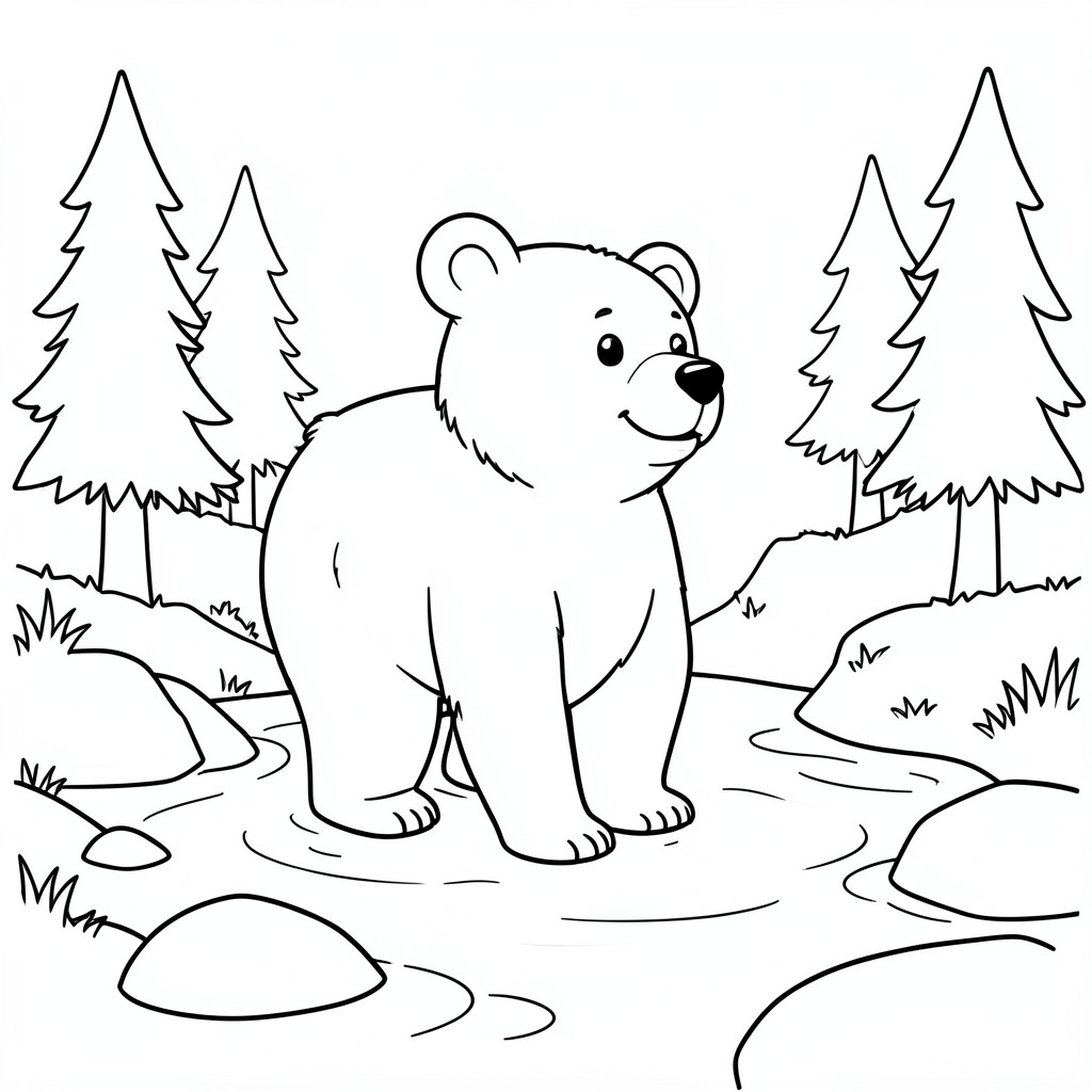 happy Bear  – A friendly brown bear standing in a shallow stream, with a few rocks and pine trees nearby. Easy outdoor scene.