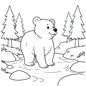 happy Bear  – A friendly brown bear standing in a shallow stream, with a few rocks and pine trees nearby. Easy outdoor scene.