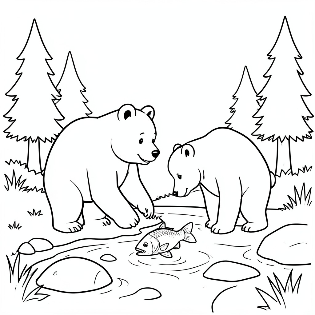 Bear finding Fish – A friendly brown bear standing nearby shallow stream finding a fish, with a few rocks and pine trees nearby. Easy outdoor scene.