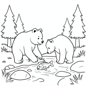 Bear finding Fish – A friendly brown bear standing nearby shallow stream finding a fish, with a few rocks and pine trees nearby. Easy outdoor scene.
