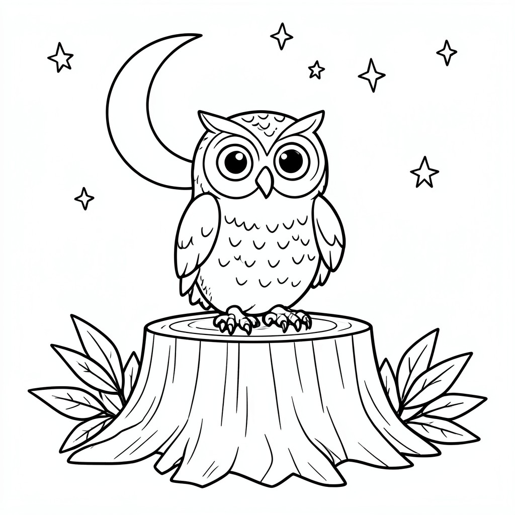 Owl Sitting on a Tree Stump – A wide-eyed owl perched on a stump under a crescent moon with a few stars and leaves. Simple nighttime scene.
