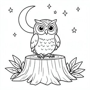 Owl Sitting on a Tree Stump – A wide-eyed owl perched on a stump under a crescent moon with a few stars and leaves. Simple nighttime scene.

