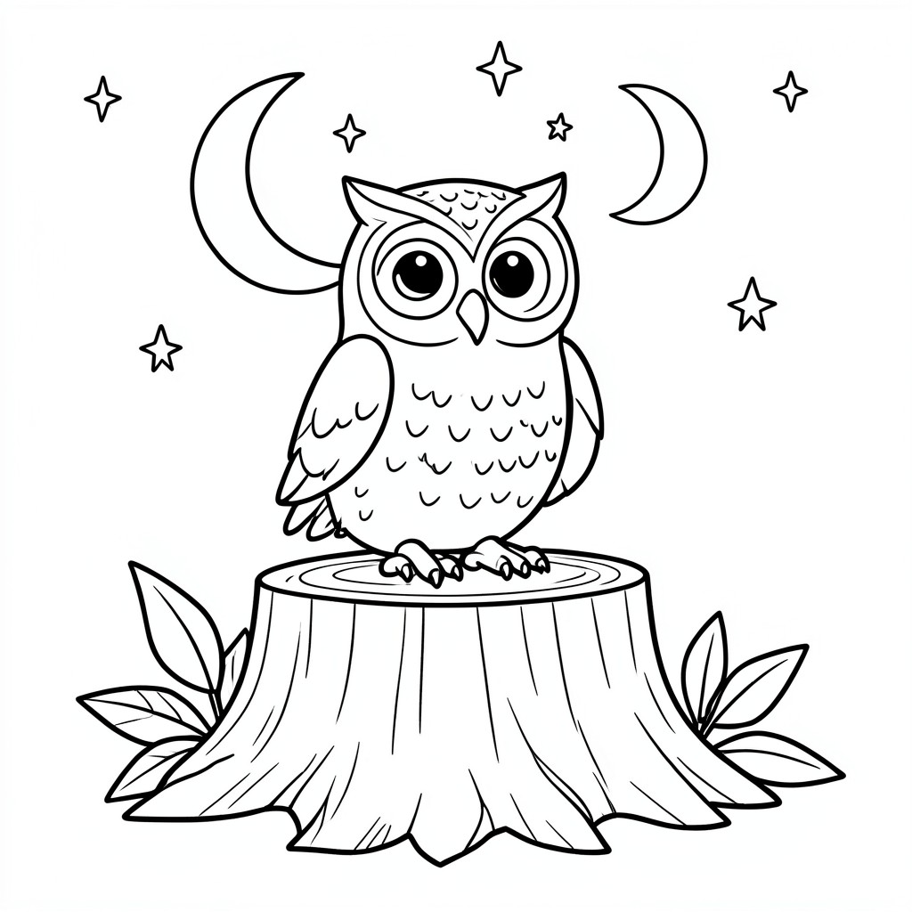 Owl Sitting on a Tree Stump – A wide-eyed owl perched on a stump under a small crescent moon with a few stars and leaves. Simple nighttime scene.
