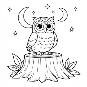 Owl Sitting on a Tree Stump – A wide-eyed owl perched on a stump under a small crescent moon with a few stars and leaves. Simple nighttime scene.

