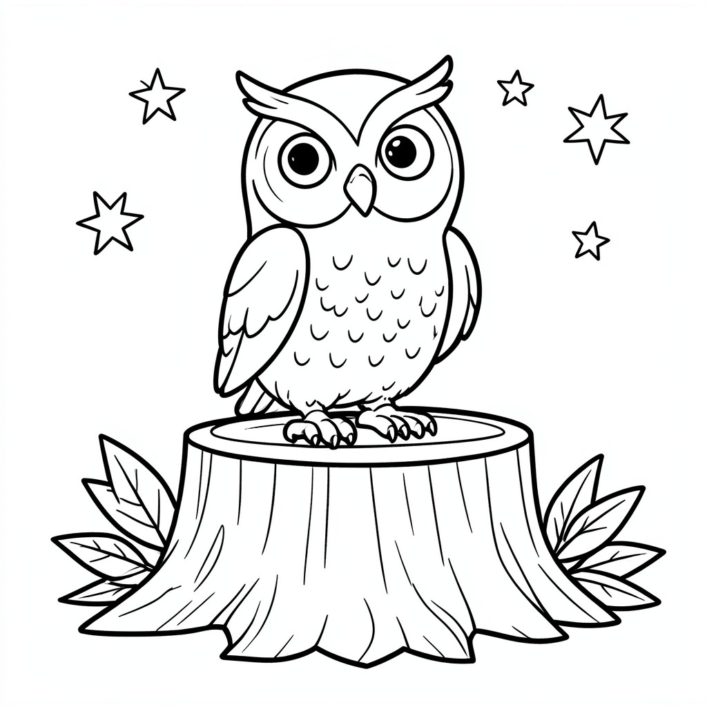 Owl Sitting on a Tree Stump – A wide-eyed owl perched on a stump with a few stars and leaves. Simple nighttime scene.
