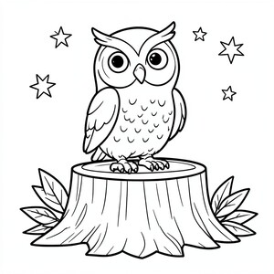 Owl Sitting on a Tree Stump – A wide-eyed owl perched on a stump with a few stars and leaves. Simple nighttime scene.

