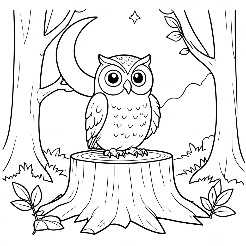 Owl Sitting on a Tree Stump – A wide-eyed owl perched on a stump under a crescent moon with  and leaves. Simple nighttime scene and forest background.
