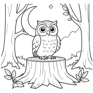 Owl Sitting on a Tree Stump – A wide-eyed owl perched on a stump under a crescent moon with  and leaves. Simple nighttime scene and forest background.
