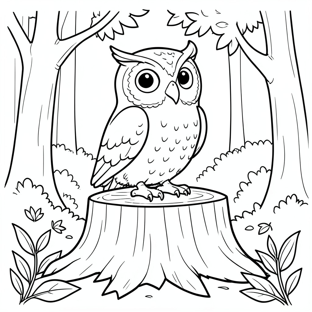 Owl Sitting on a Tree Stump – A wide-eyed owl perched on a stump with forest background and leaves. Simple nighttime scene.
