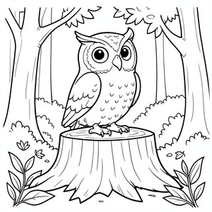 Owl Sitting on a Tree Stump – A wide-eyed owl perched on a stump with forest background and leaves. Simple nighttime scene.

