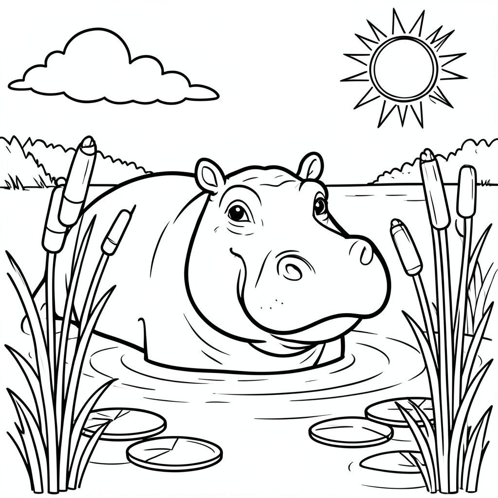 Hippo in the River – A smiling hippo partially in water with cattails, lily pads, and a sunny sky. Thick bold outlines.
