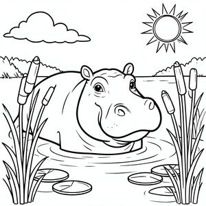 Hippo in the River – A smiling hippo partially in water with cattails, lily pads, and a sunny sky. Thick bold outlines.
