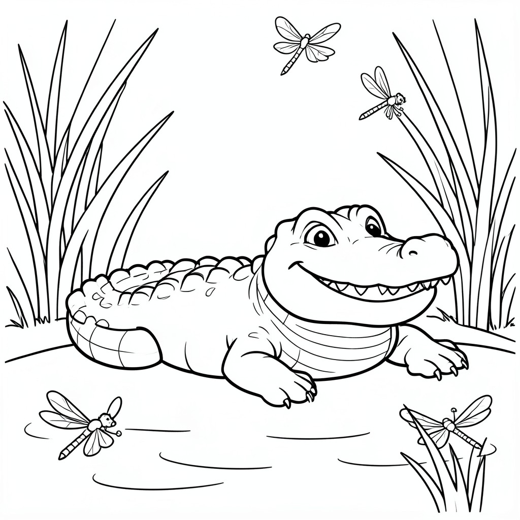 Crocodile by the Swamp – A cartoon crocodile with a big grin resting beside water with reeds and dragonflies nearby. Simple easy-to-color background.