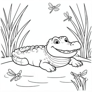 Crocodile by the Swamp – A cartoon crocodile with a big grin resting beside water with reeds and dragonflies nearby. Simple easy-to-color background.