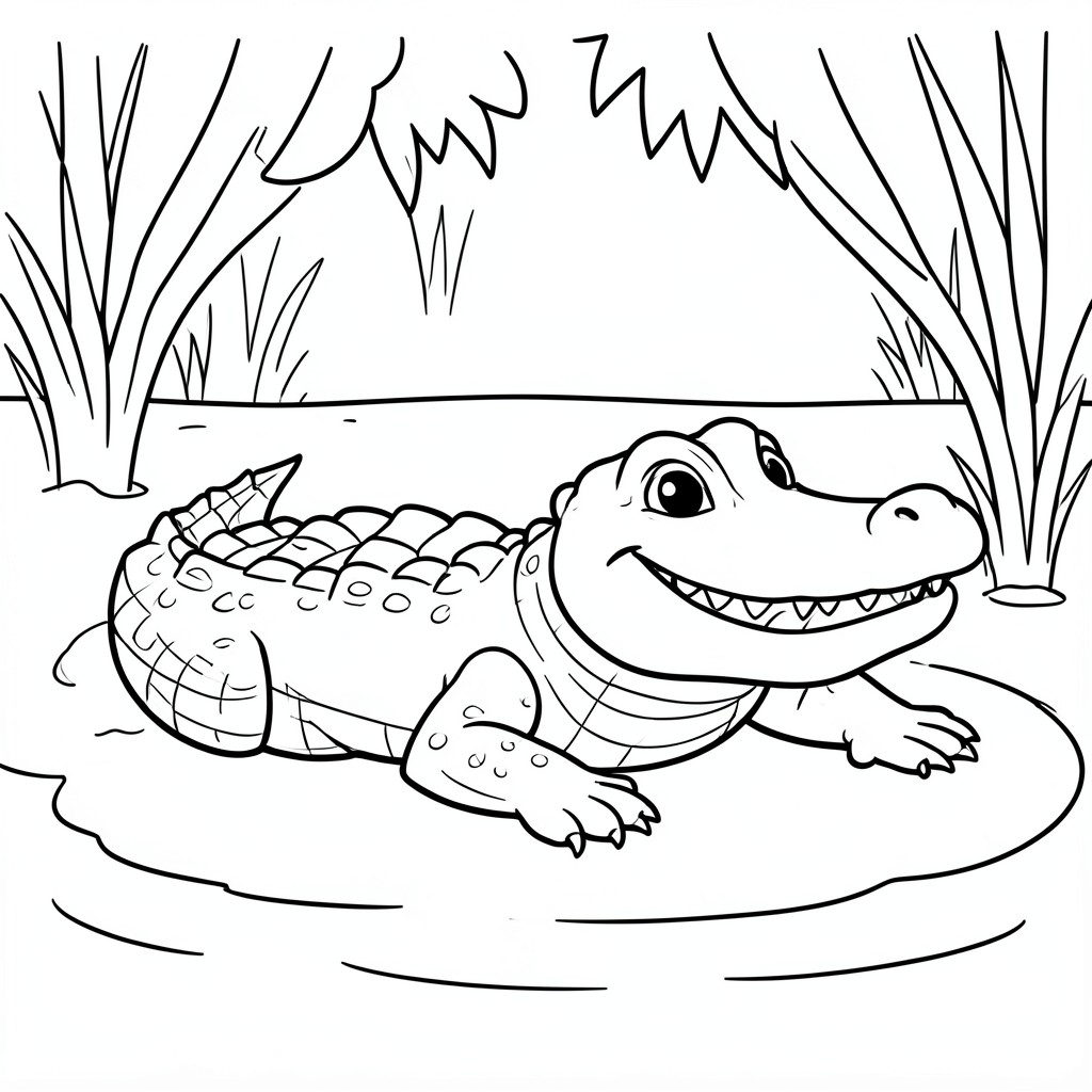 Crocodile by the Swamp – A cartoon crocodile with a big grin resting beside water. Simple easy-to-color background.