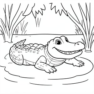 Crocodile by the Swamp – A cartoon crocodile with a big grin resting beside water. Simple easy-to-color background.
