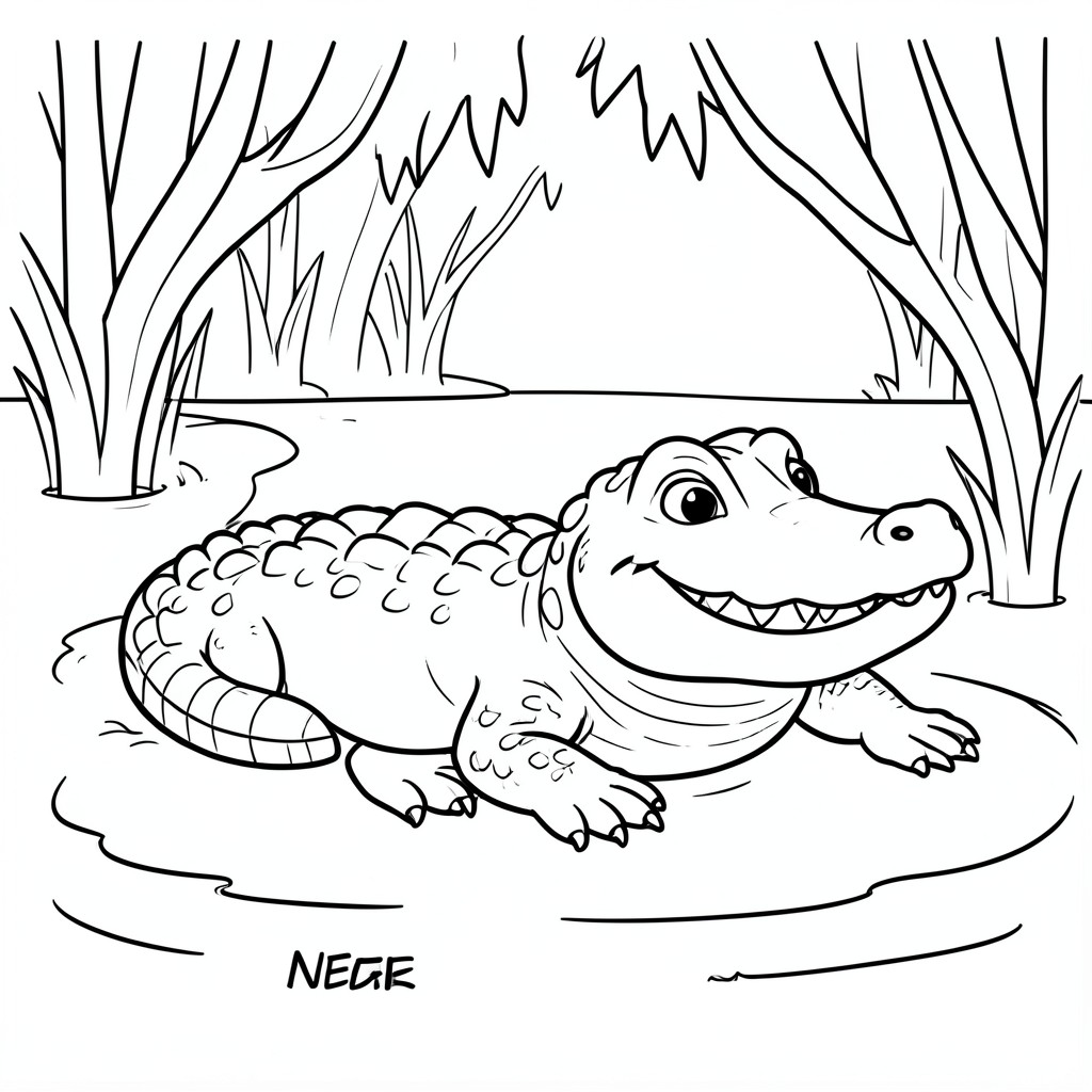 Crocodile NEAR the Swamp – A cartoon crocodile with a big grin resting beside water with . Simple easy-to-color background.
