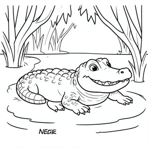 Crocodile NEAR the Swamp – A cartoon crocodile with a big grin resting beside water with . Simple easy-to-color background.
