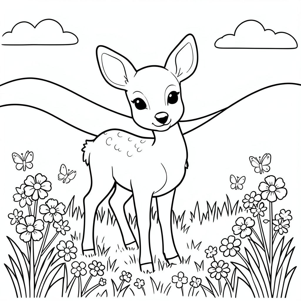 Baby Deer in a Meadow – A sweet fawn standing among flowers and butterflies with rolling hills behind. Large simple shapes.