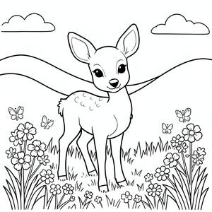 Baby Deer in a Meadow – A sweet fawn standing among flowers and butterflies with rolling hills behind. Large simple shapes.