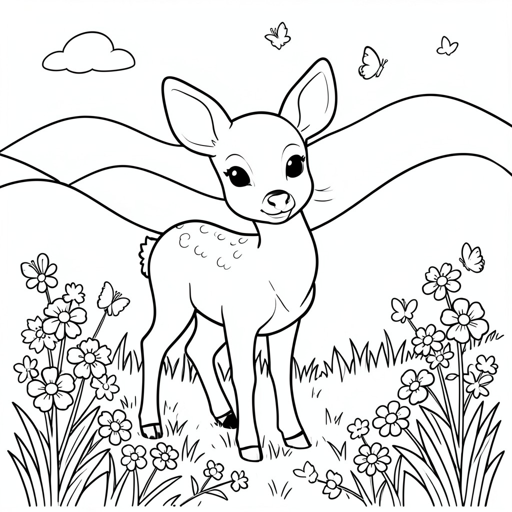 Baby Deer in a Meadow – A sweet fawn standing among flowers and butterflies with hills behind. Large simple shapes.