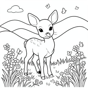 Baby Deer in a Meadow – A sweet fawn standing among flowers and butterflies with hills behind. Large simple shapes.