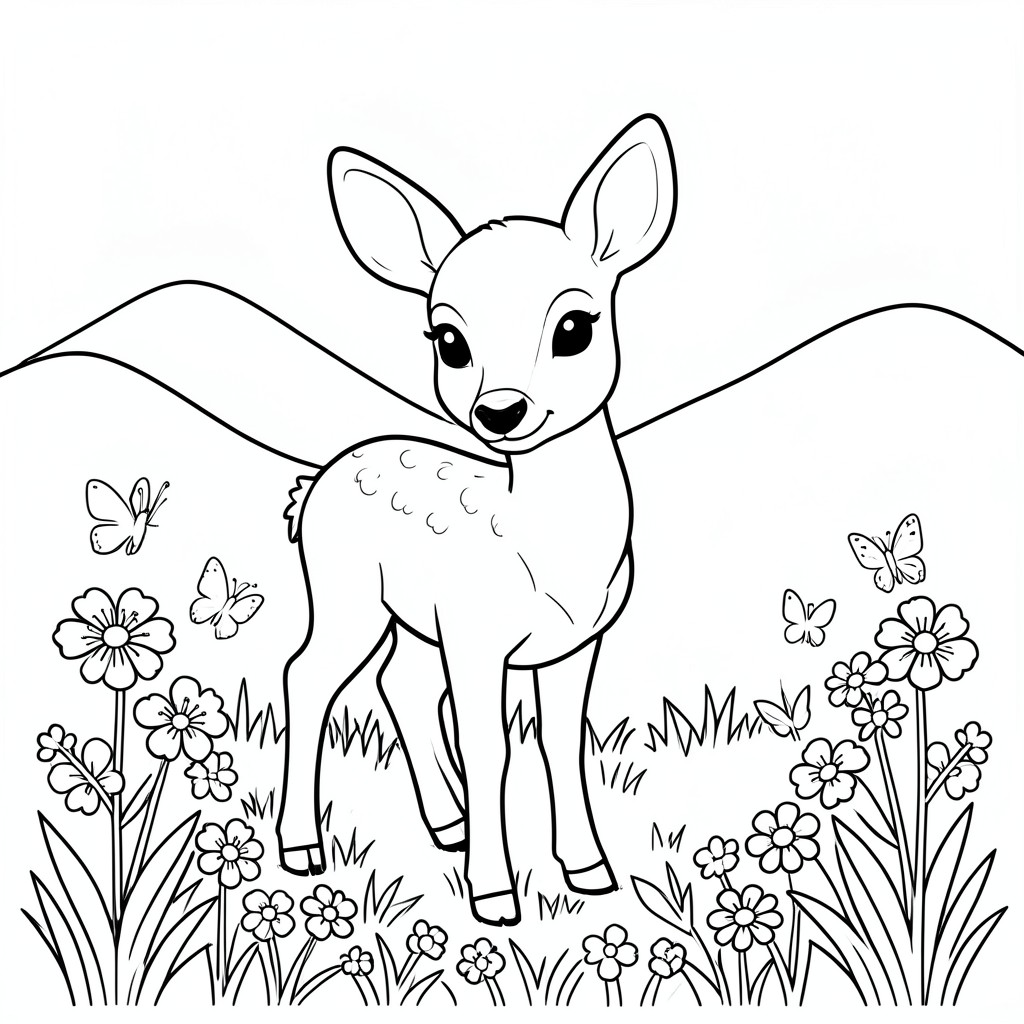 Baby Deer in a Meadow – A sweet fawn standing among flowers and butterflies with  FEW hills behind. Large simple shapes.
